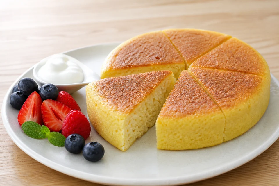 Finished thick rice-cooker pancake cut into wedges with fruit.