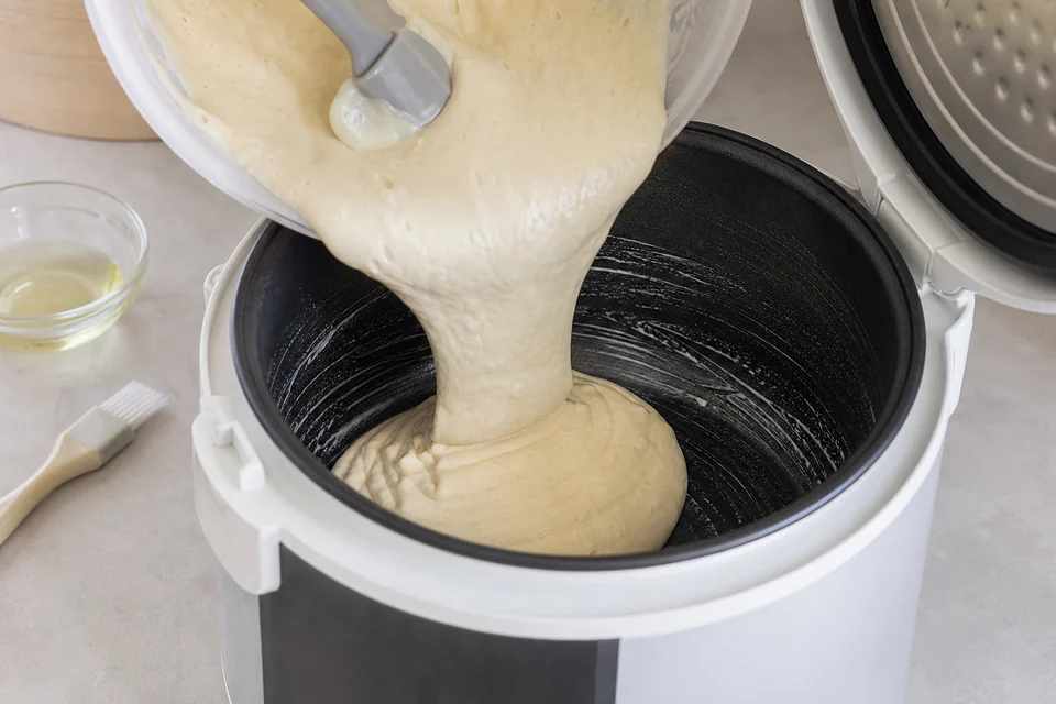 Pancake batter being poured into the removable bowl of an unbranded rice cooker.