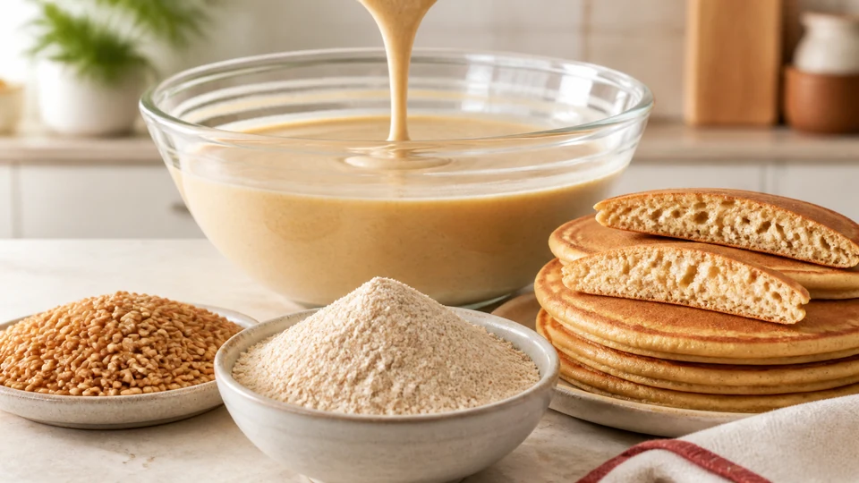 Khorasan wheat kernels, golden flour, ribboning batter and cut pancakes with a plain boundary-colored cloth