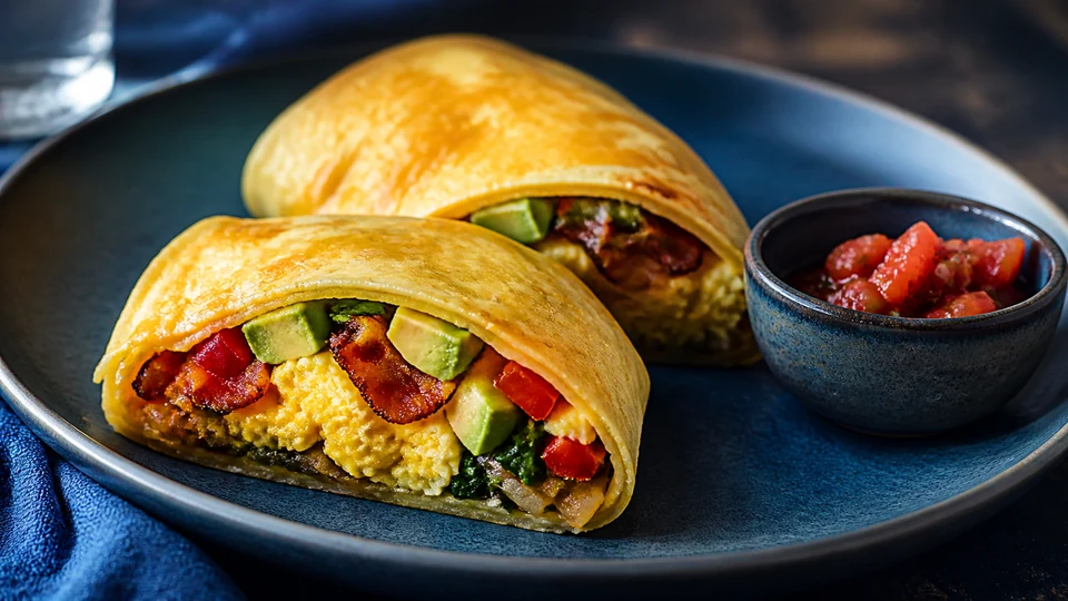 Editorial breakfast scene illustrating Keto breakfast burrito.