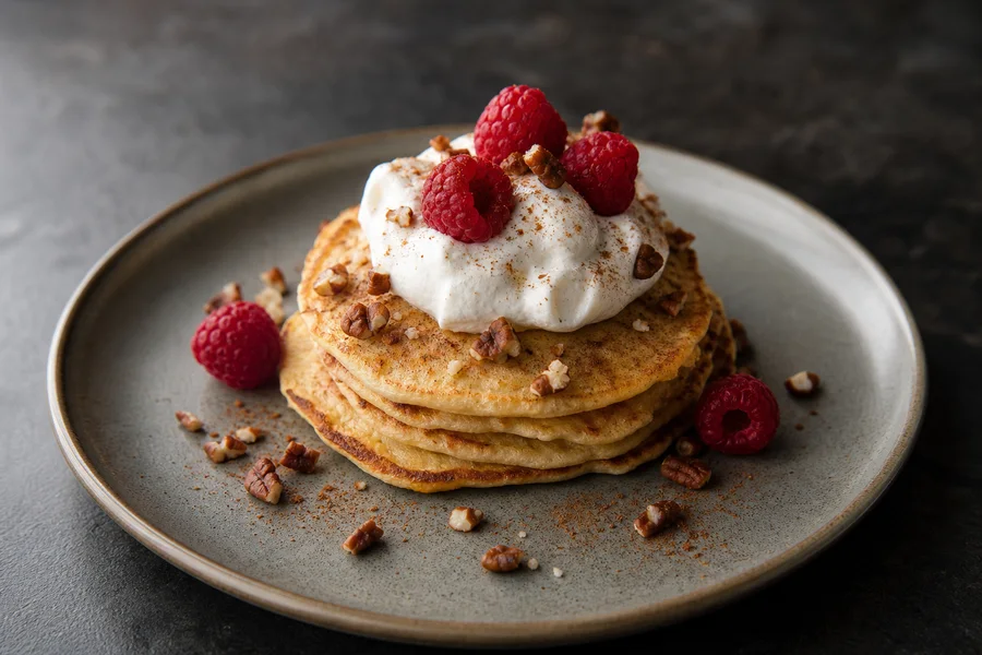 Close detail of small almond-flour pancakes topped with yogurt, raspberries, pecans, and cinnamon.
