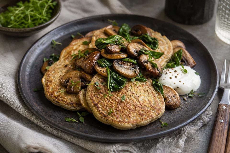 Finished savoury almond-flour pancakes topped with browned mushrooms, spinach, herbs, and cultured cream.