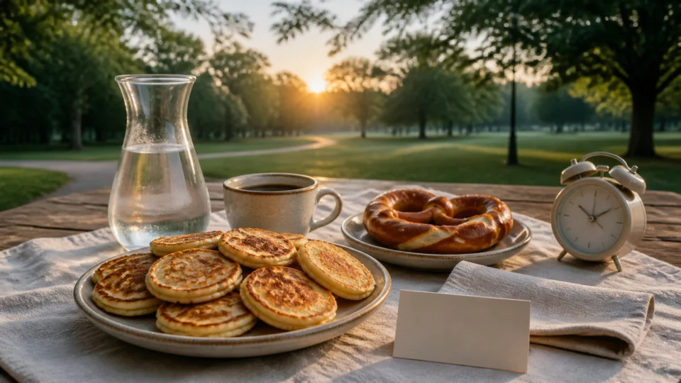Editorial dawn breakfast with small pancakes, pretzel, coffee, water, a blank card and an analog alarm clock.
