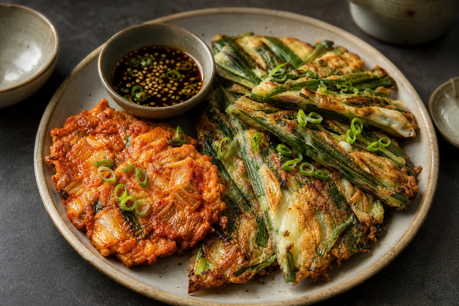 Finished Korean scallion pajeon and kimchi-jeon with dipping sauce