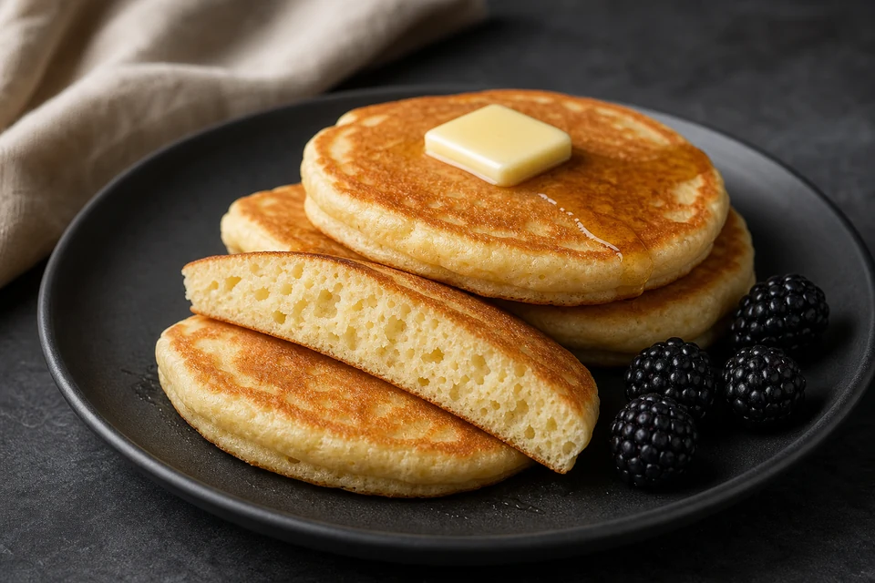 Finished light golden buttermilk pancakes with an airy cut crumb