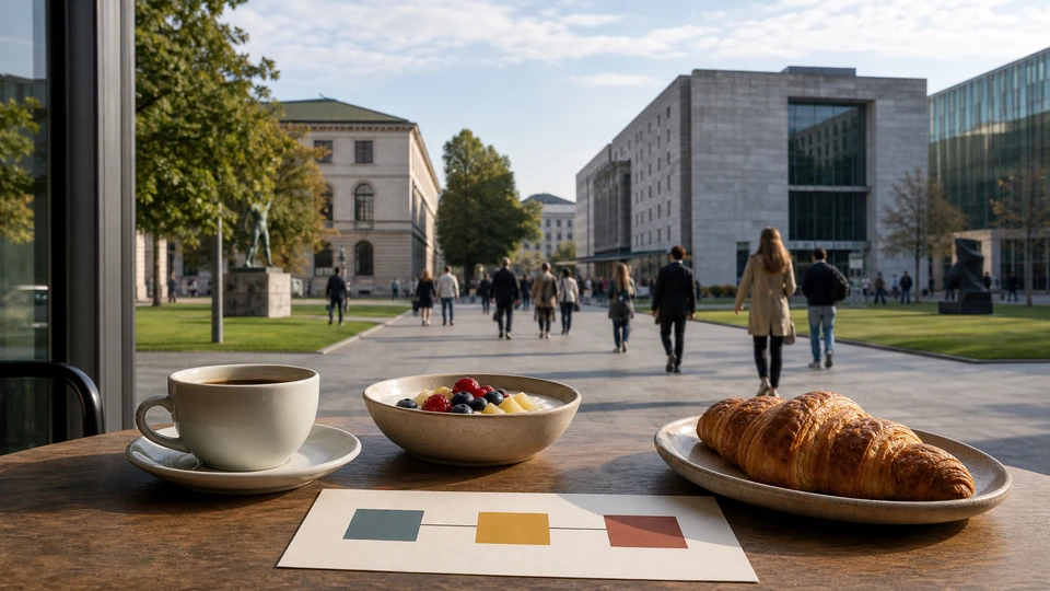 Editorial Munich route-planning scene for Kunstareal Museum Day with a Breakfast Start, with a breakfast cue and neutral city context.