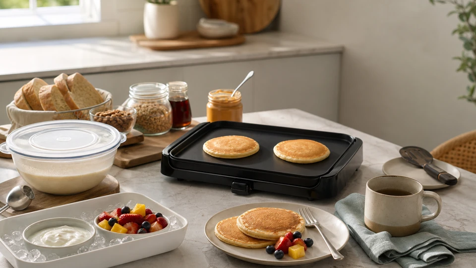 Breakfast planning scene for Late Brunch at Home Without Overholding Breakfast Food, showing the late-brunch components in practical service order.
