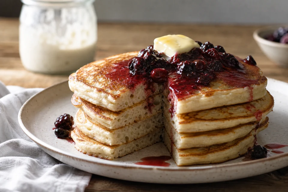 Finished fluffy sourdough pancake stack with butter, berry compote, and a cut wedge showing an open cooked crumb.