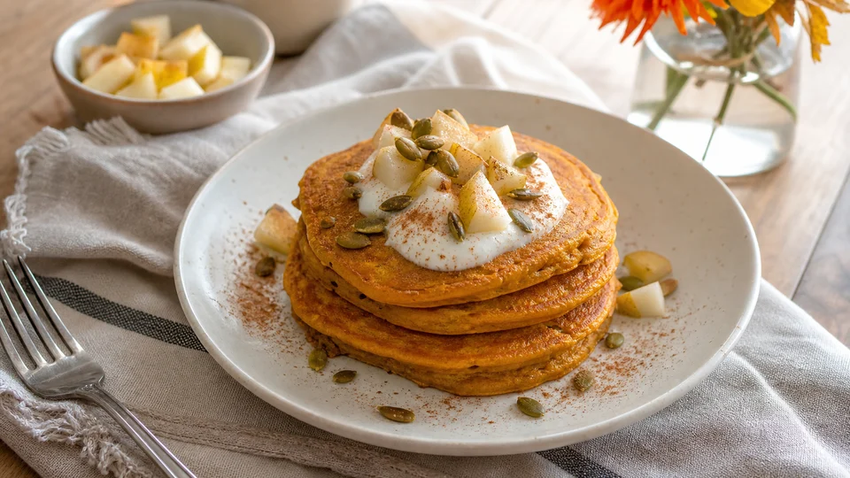 Finished pumpkin pancakes topped with yogurt, diced pear, pumpkin seeds, and cinnamon.