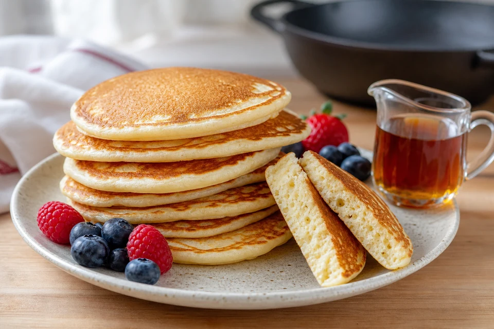 A finished stack of evenly golden homemade pancakes with a cut pancake showing the crumb, berries, and syrup.