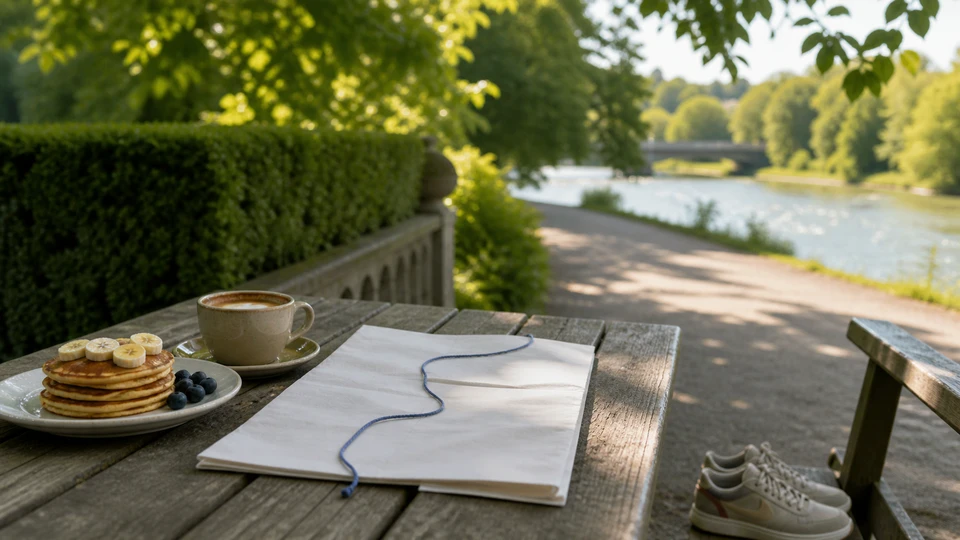 Breakfast and walking-route scene with a blank plan, blue route cord, shoes, greenery and water.