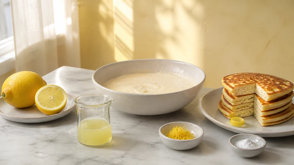 Lemon, juice, zest, separated leavener context, pale batter and cut pancakes arranged illustratively