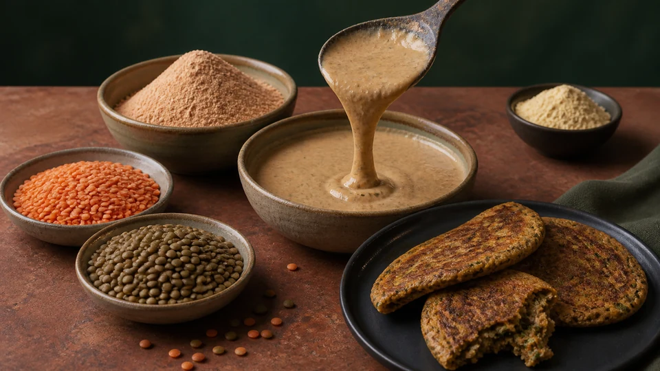 Whole lentils, lentil flour, cohesive batter and torn savory pancakes with a separate pulse-flour boundary bowl