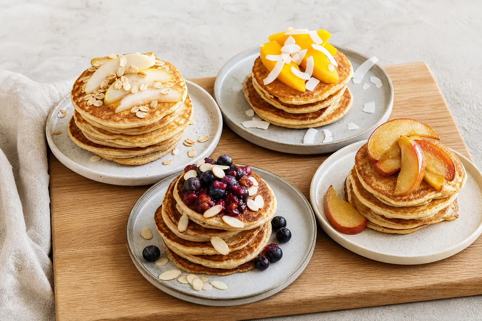 Four finished pancake stacks showing different milk-substitute flavor pairings with fruit, oats, coconut, and berries.