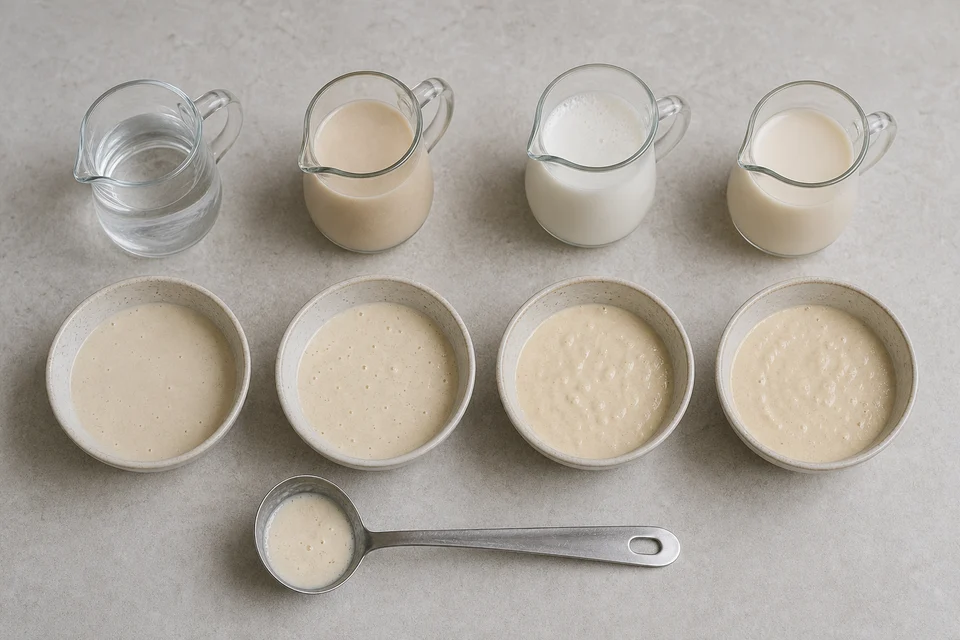 Four unlabeled substitute liquids set above small bowls of pancake batter for a controlled comparison.