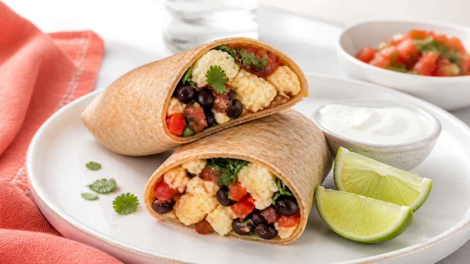 Editorial breakfast scene illustrating Low calorie breakfast burrito.