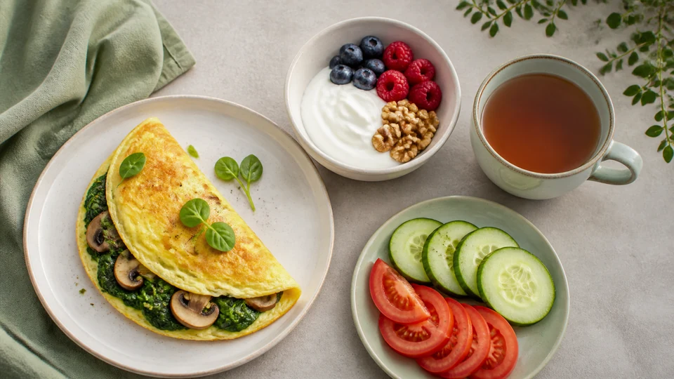 Editorial breakfast scene illustrating Low carb breakfast ideas for diabetics.