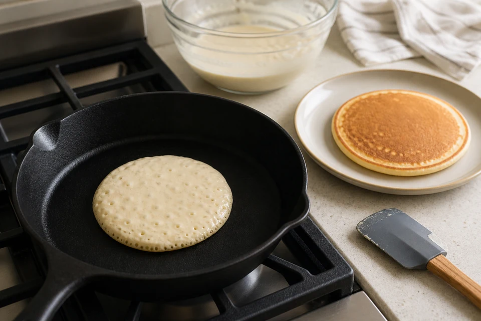 A pale pancake cooking slowly in a skillet beside an evenly golden comparison pancake.