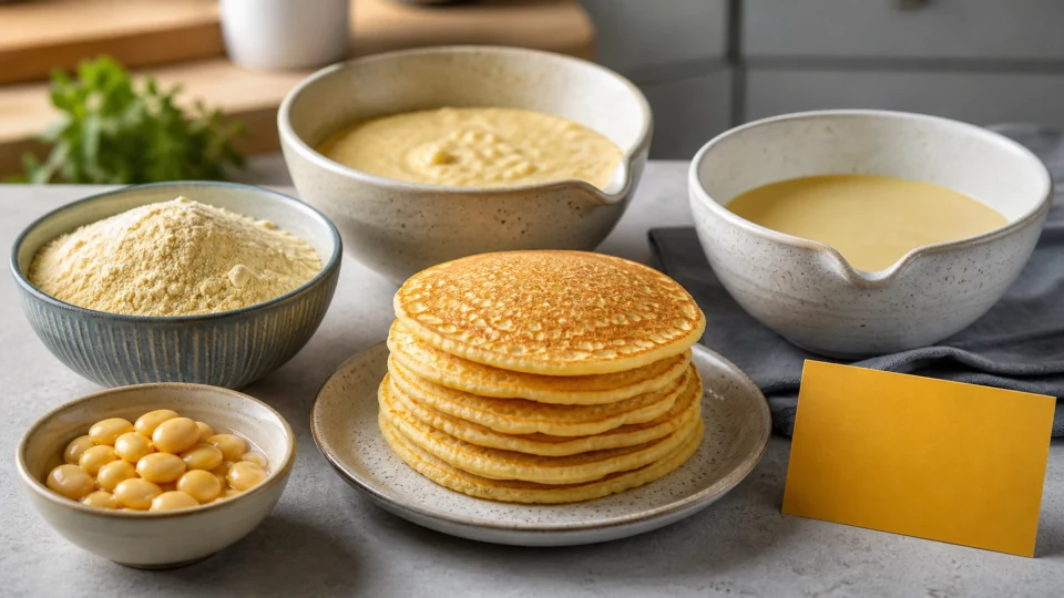 Golden pancakes beside yellow lupin flour, lupin beans, two batters of different thickness and a blank amber caution card.