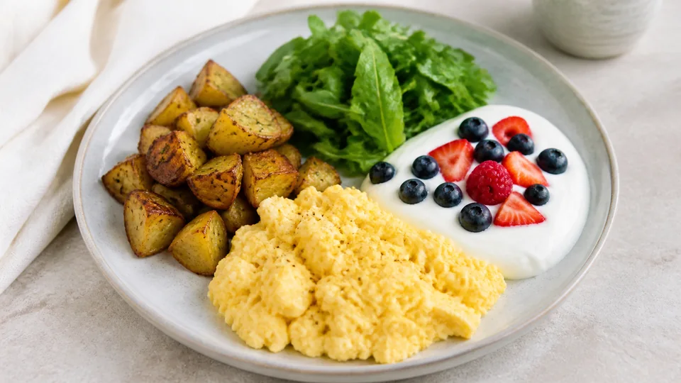 Macro friendly breakfast prepared for Pancakes World.