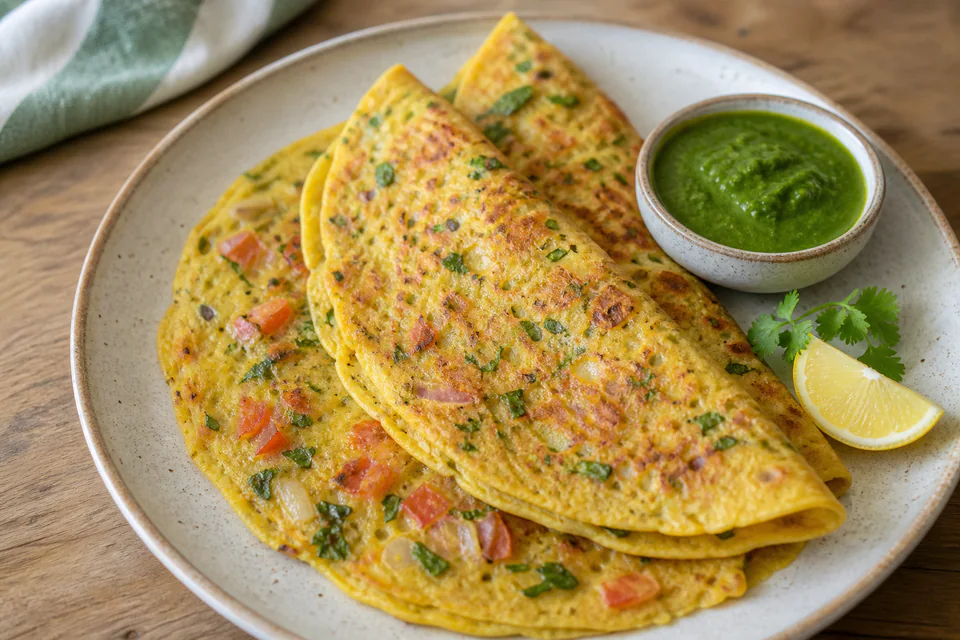 Finished golden besan chilla folded on a plate with green chutney, lemon, and coriander