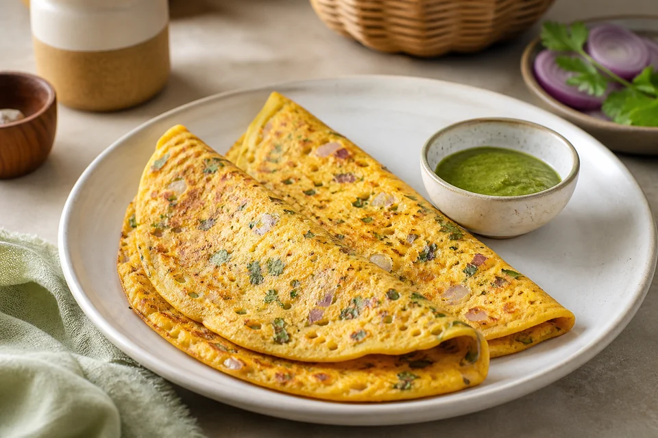 Finished besan chilla with onion, coriander, and green chutney.