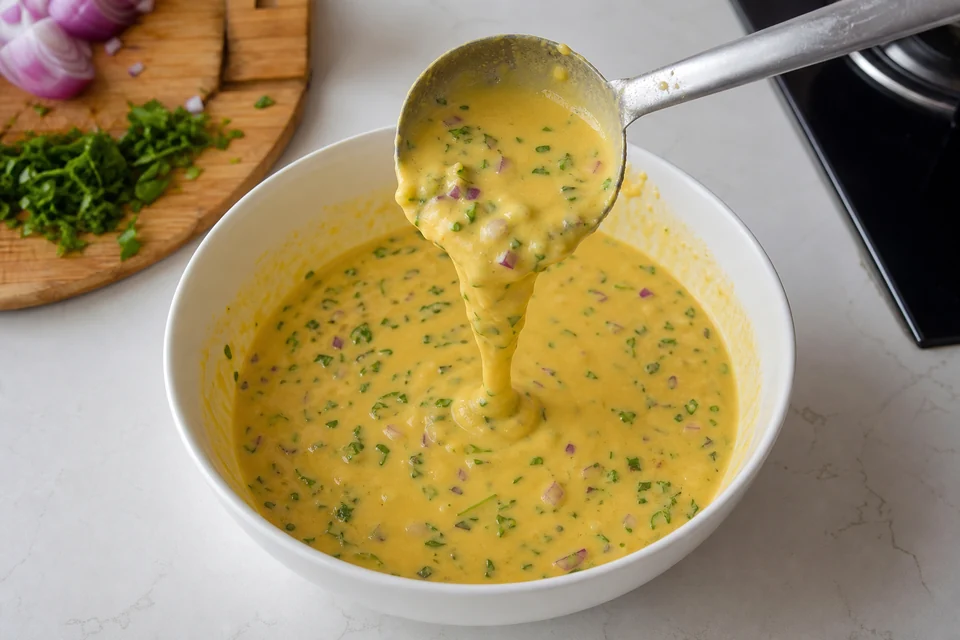Smooth besan chilla batter with finely chopped vegetables falling from a ladle.