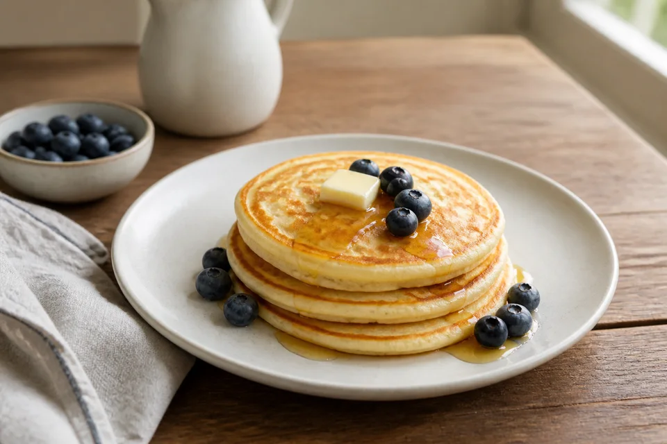 Golden homemade pancakes with butter, maple syrup, and blueberries on a ceramic plate.