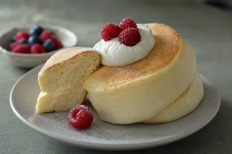 Finished free-form Japanese soufflé pancakes with an airy cut crumb, cream, and raspberries.
