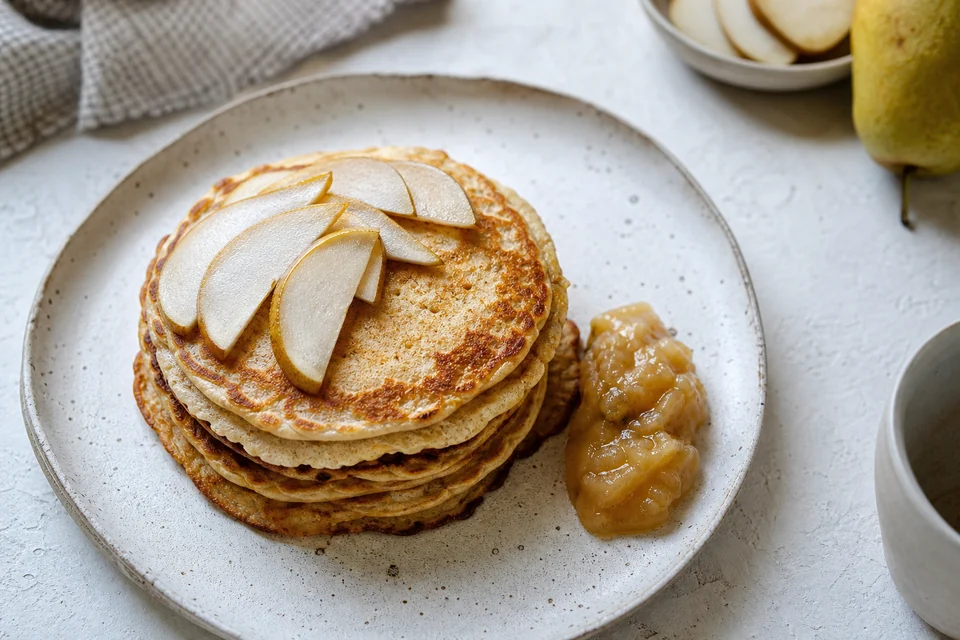 Finished water-based pancakes with pear and fruit compote.