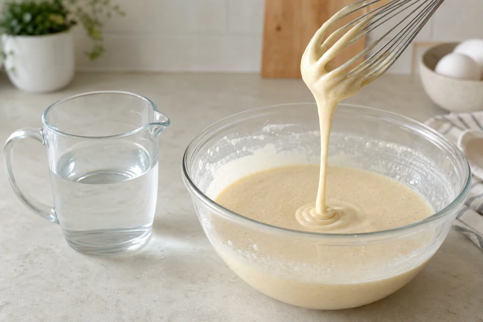 A jug of water beside pancake batter that falls from a whisk in a thick ribbon.