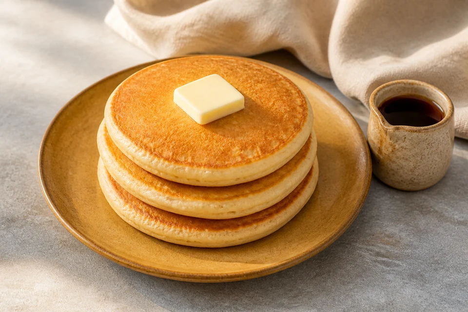 Finished stack of golden pancakes prepared to evaluate Maple Grove Farms Buttermilk & Honey Pancake & Waffle Mix