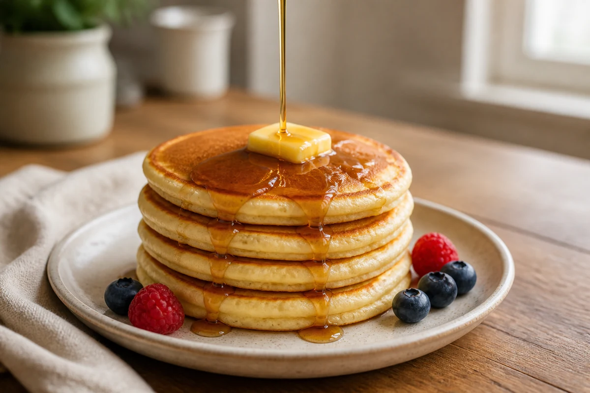 Stack of golden pancakes with maple syrup pouring over butter and berries on a breakfast plate.