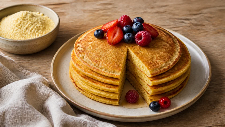 Masa harina pancakes beside unbranded maize flour, batter and a small pitcher.