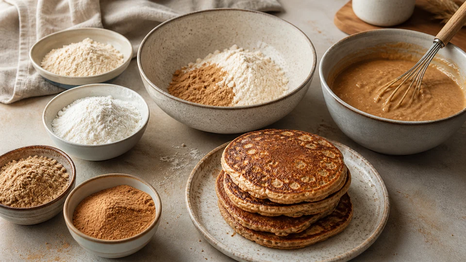 Mesquite flour, supporting flours, a partial blend, amber batter and rustic pancakes shown as an editorial sequence