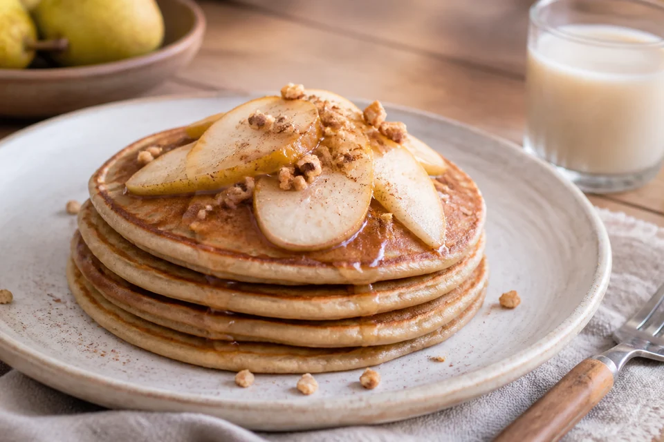 Finished pancake stack topped with pear and spice beside an unlabelled pale plant drink.