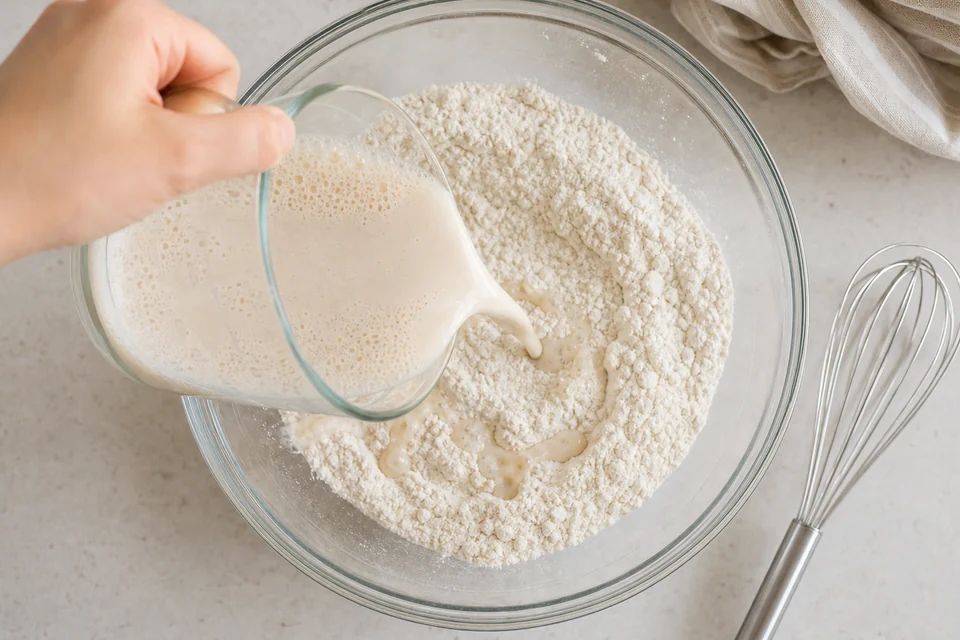 A pale alternative liquid being poured into flour for one controlled pancake test.