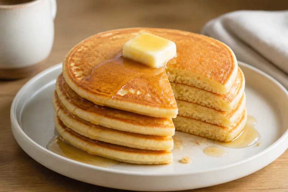Finished golden pancake stack with a cut edge showing the crumb.