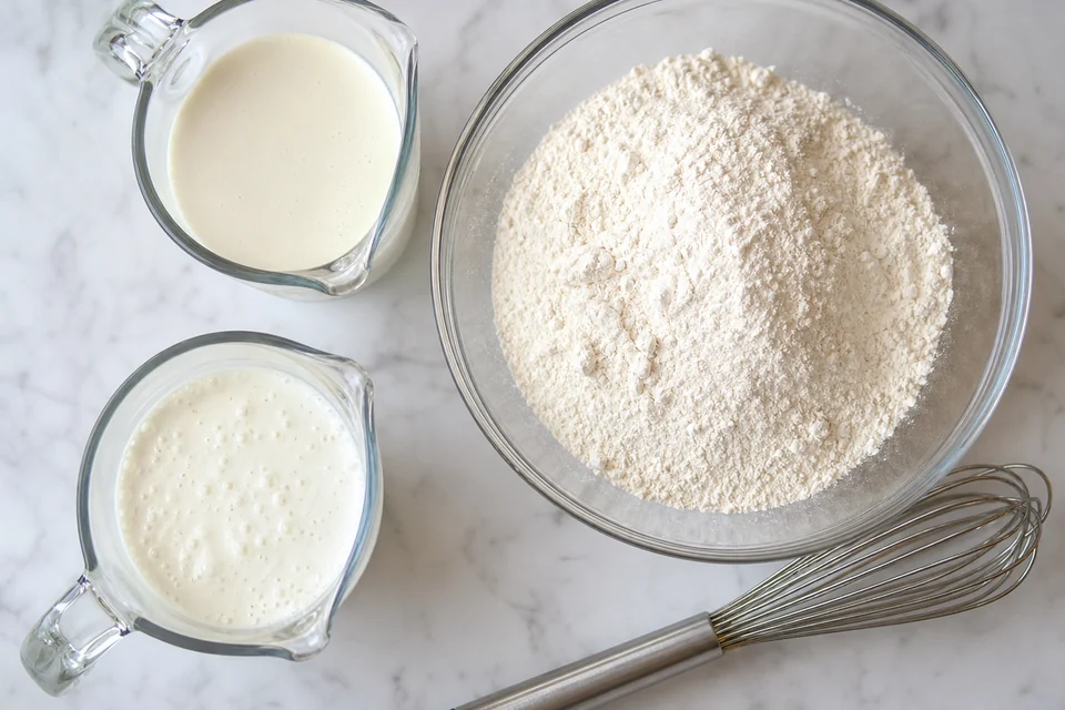 Milk and cultured buttermilk set out beside flour for a controlled pancake comparison.