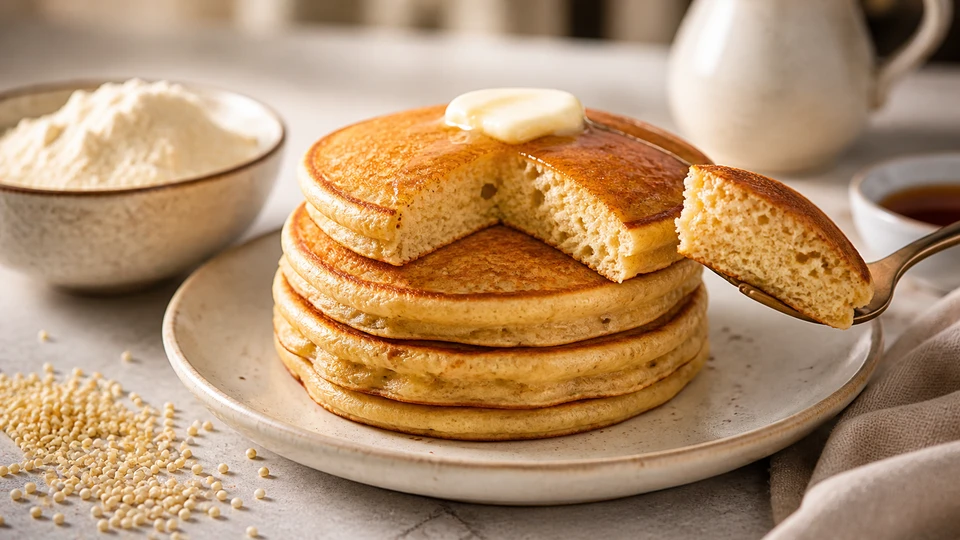 Cut millet-flour pancakes showing a cohesive crumb beside millet and flour.
