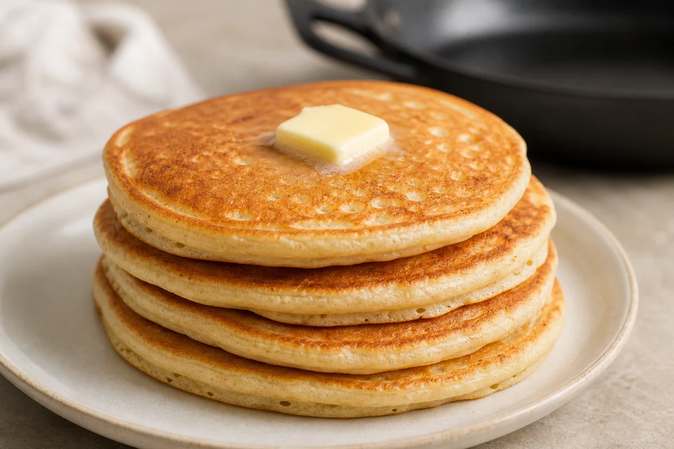 Evenly golden finished pancakes with a small melting butter pat and a clean skillet softly blurred behind