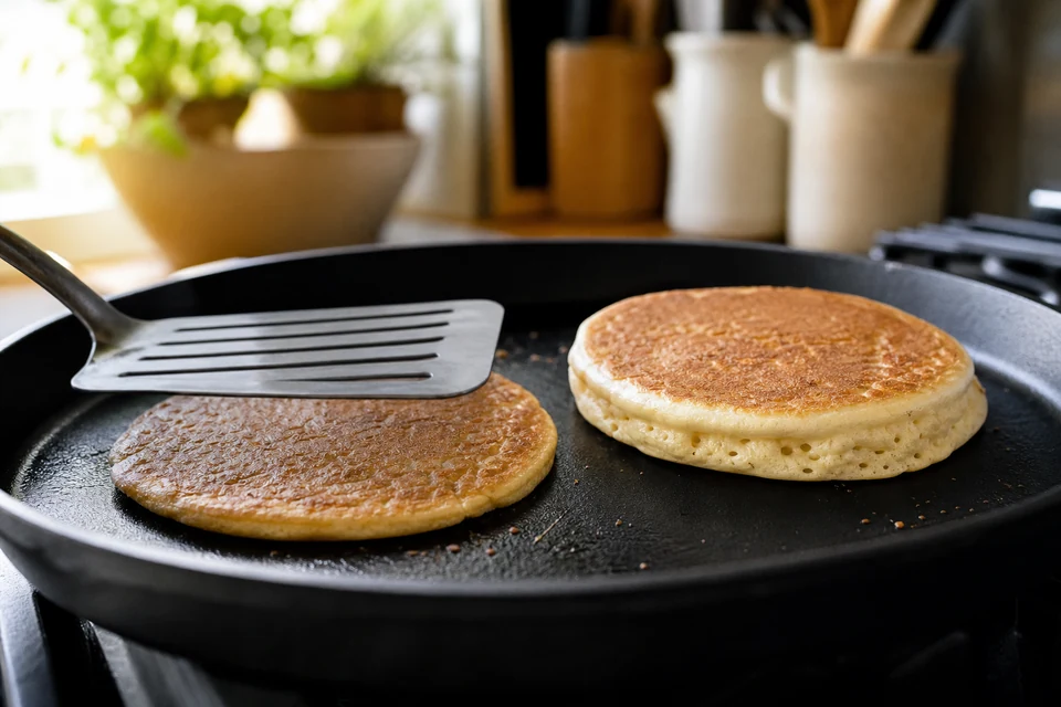 A thin pressed pancake beside a taller unpressed pancake with a spatula hovering above the pan.