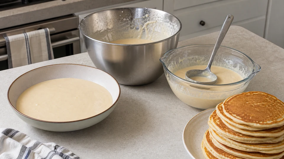 Unbranded mixing bowls arranged to compare shape, capacity, and pouring control for pancake batter.