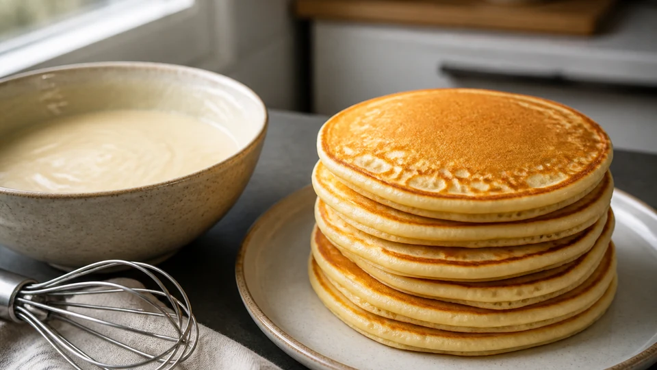Mixing pancake batter prepared for Pancakes World.