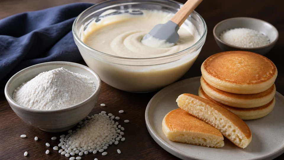 Sweet-rice flour, short-grain sweet rice, thick batter and cohesive pancakes shown as an illustrative sequence