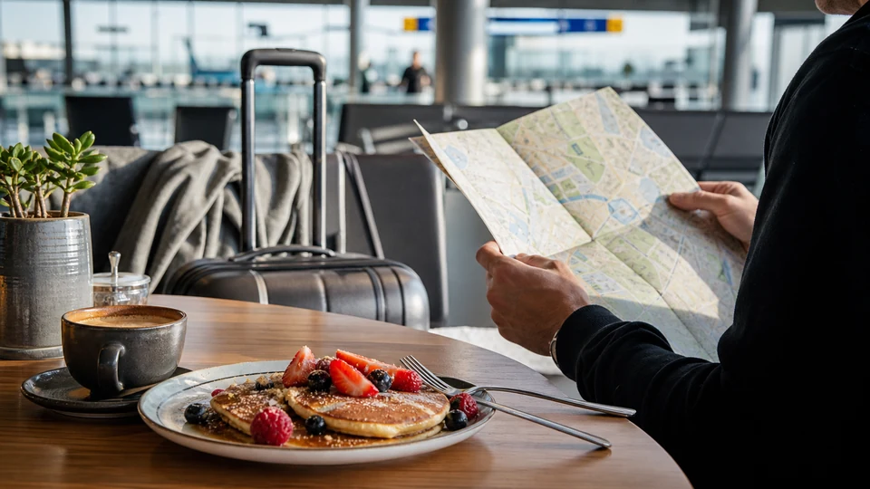 Finished pancakes and coffee on an airport table beside a carry-on while a traveler checks a city map.