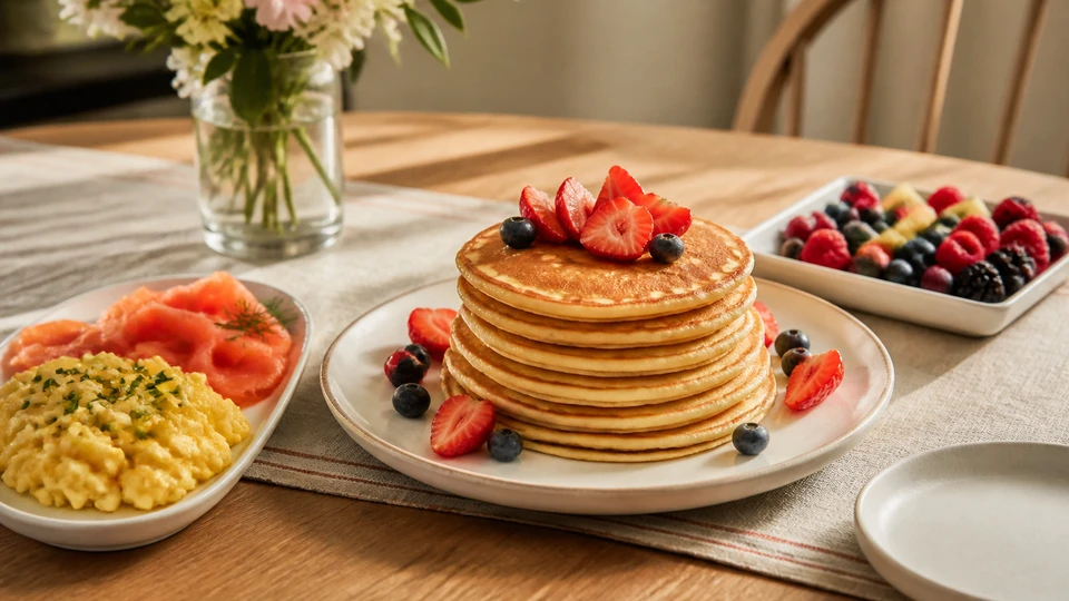Finished Mother's Day pancake brunch arranged on small platters with a clean replacement platter ready nearby.