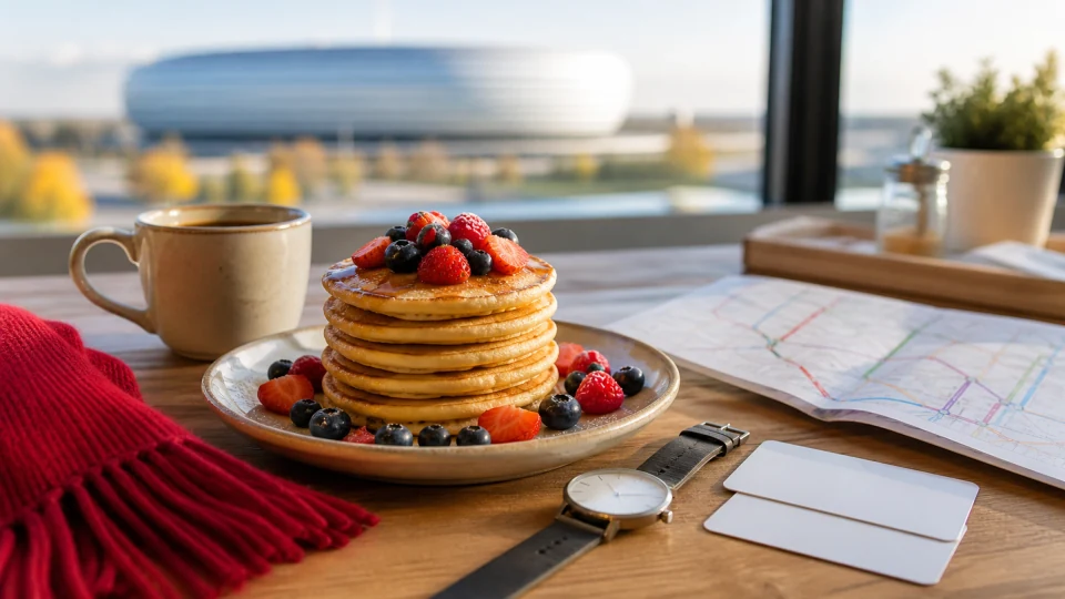 Editorial breakfast with pancakes, coffee, blank admission cards, a watch and a generic transit map near a defocused modern oval building.
