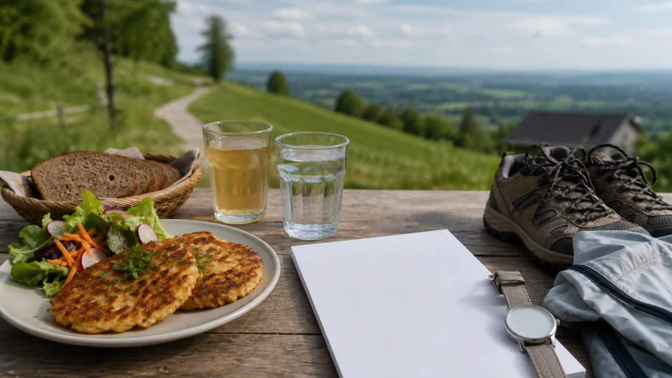 Editorial table with potato pancakes, salad, bread, apple spritzer, water, blank route sheet, watch, shoes and weather layer.