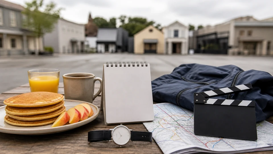 Editorial family breakfast with pancakes, fruit, a blank planner, watch, transit map, rain jacket and unmarked film clapper.